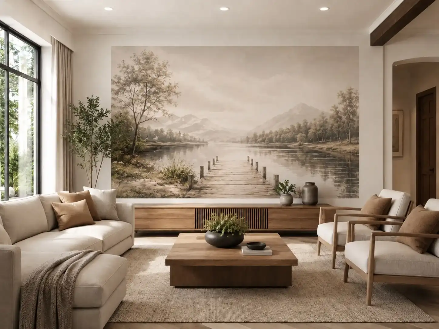 Wohnzimmer mit großflächigem Bergsee-Wandmotiv (bedruckt)
