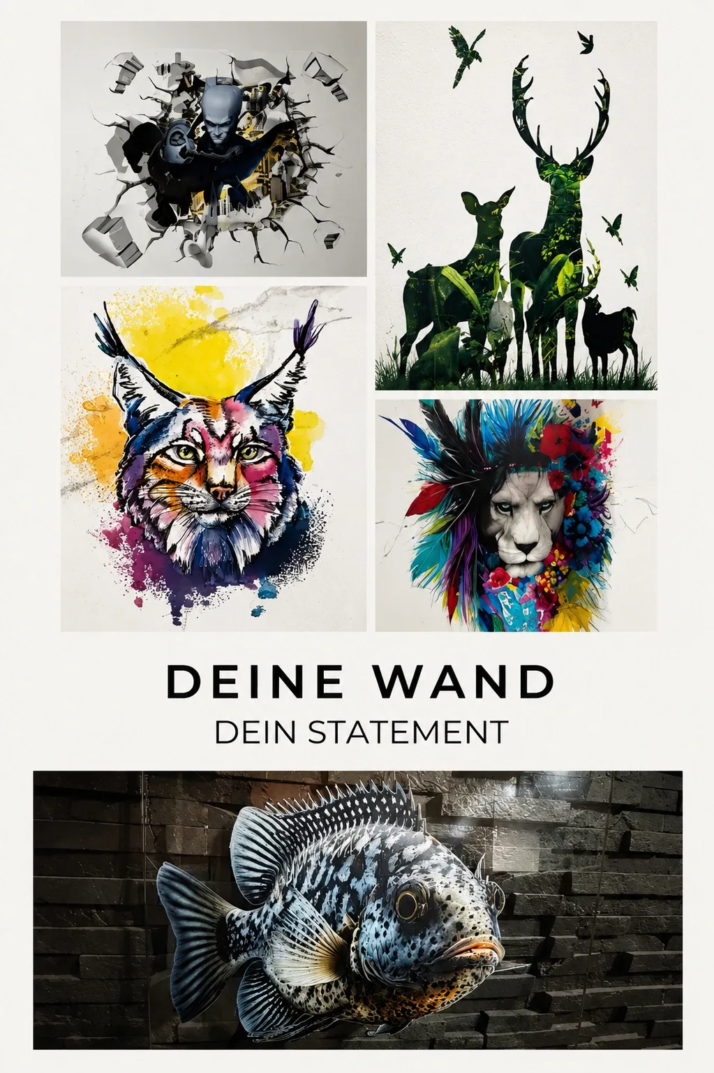 Aquarell-Collage aus Luchs, Löwe und Fisch als Motivbeispiele für Wanddruck