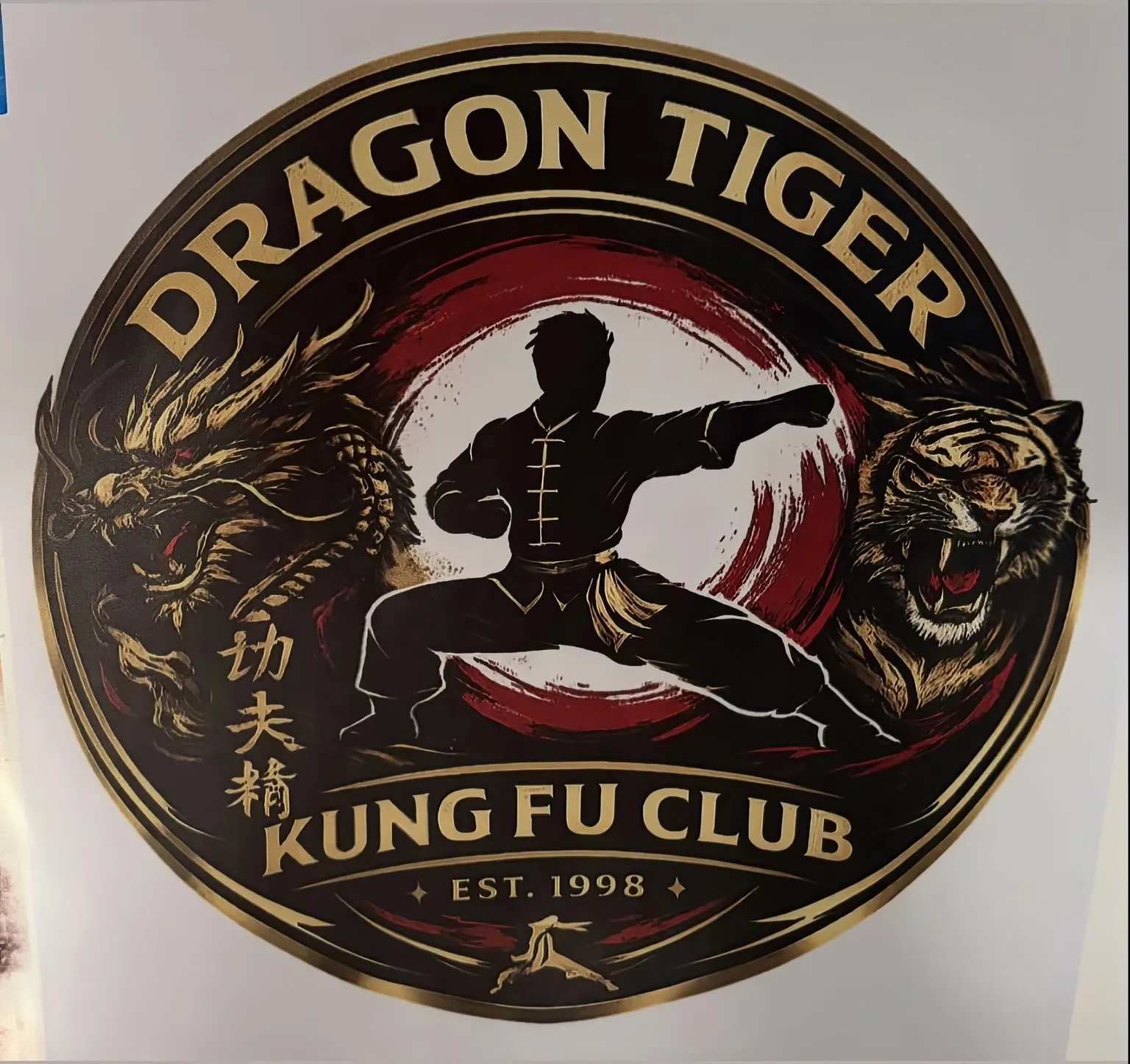Rundes Wandmotiv „Dragon Tiger Kung Fu Club" mit Drache, Tiger und Kämpfer