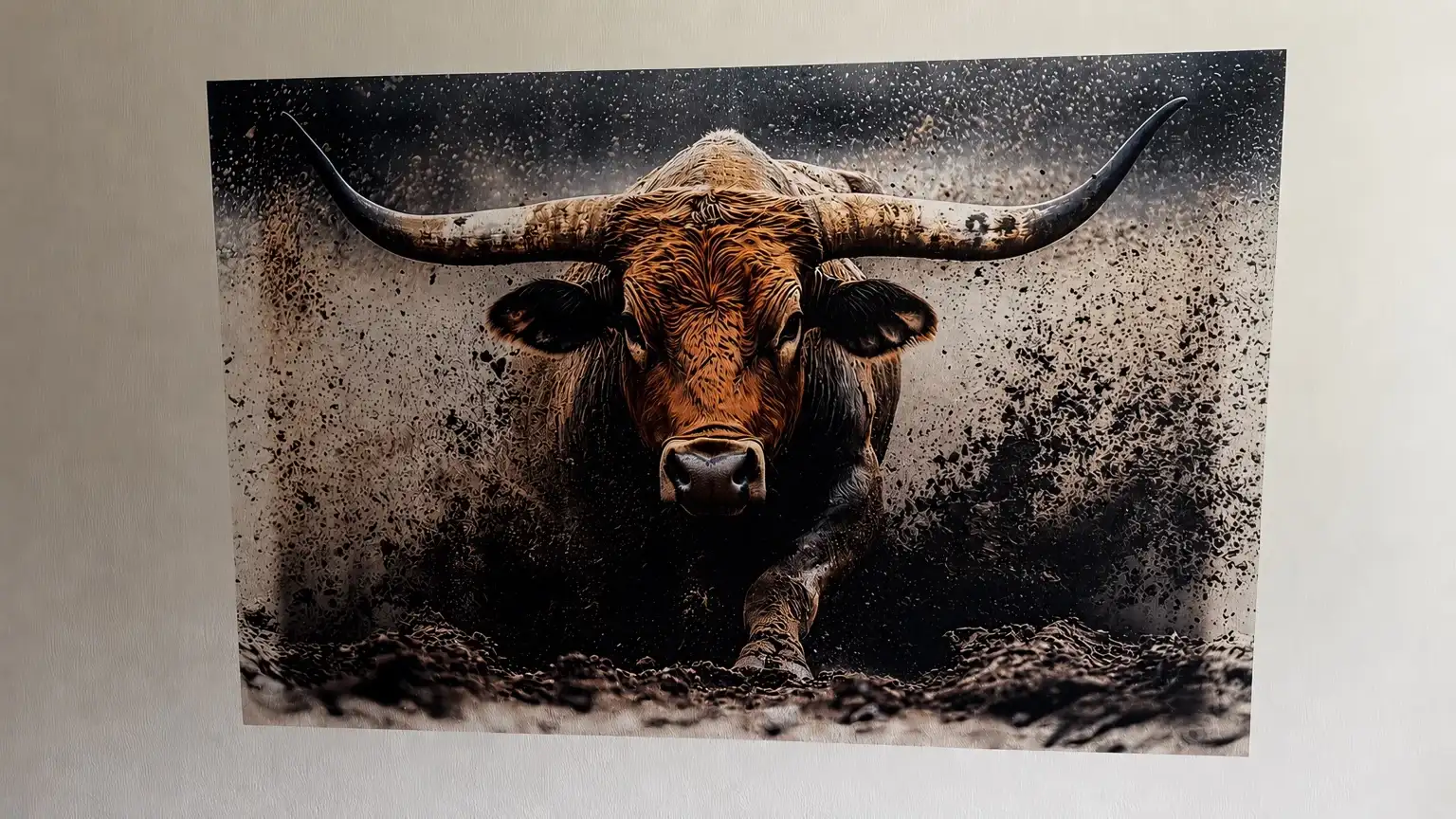 Auf eine Wand gedruckter Stier, der aus einer Staubwolke bricht