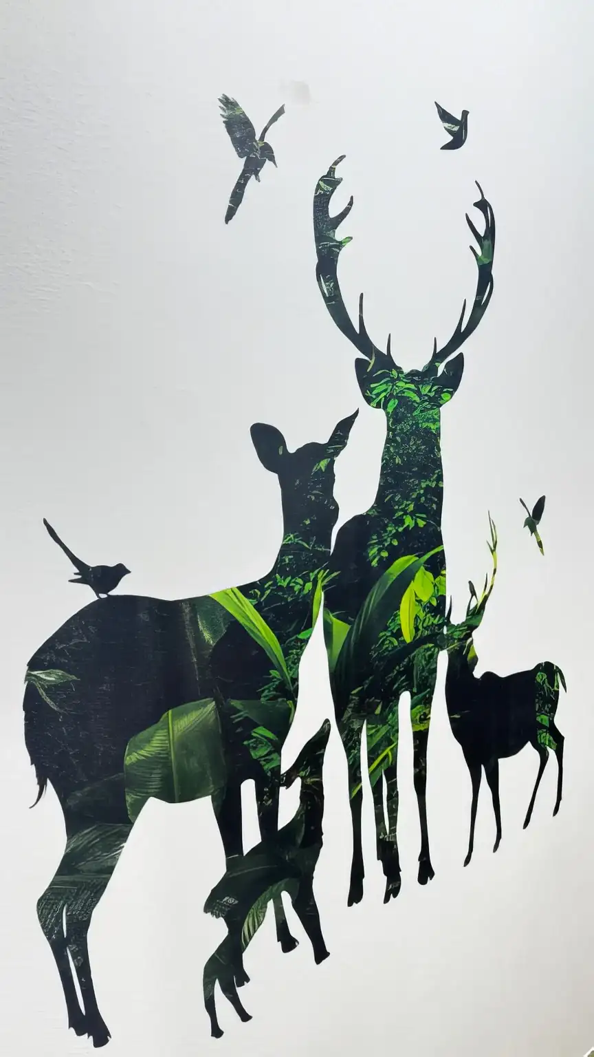 Hirsch-Silhouette im Nebelwald als Wandmotiv